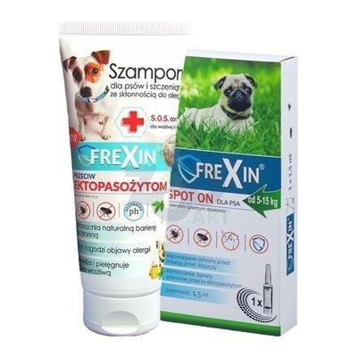 FREXIN Szampon przeciw ektopasożytom dla skóry wrażliwej i skłonnej do podrażnień 220 g + FREXIN Krople przeciw ektopasożytom dla psa 5-15 kg 1,5 ml
