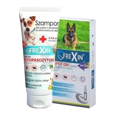 FREXIN Szampon przeciw ektopasożytom dla skóry wrażliwej i skłonnej do podrażnień 220 g + FREXIN Krople przeciw ektopasożytom dla psa powyżej 15 kg 1,8 ml