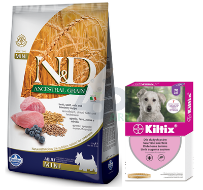 Farmina N&D Ancestral Grain canine LAMB & BLUEBERRY ADULT MINI 7kg + BAYER Kiltix Obroża dla psów dużych dł, 70cm