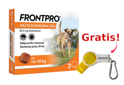 Frontpro tabletki na pchły i kleszcze M 28,3mg 4-10kg x 3tabl + Frontline Zawieszka gwizdek + latarka GRATIS!