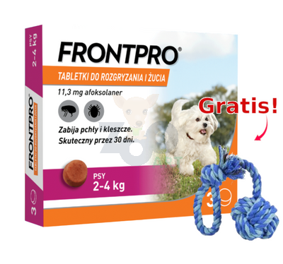 Frontpro tabletki na pchły i kleszcze S 11,3mg 2-4kg x 3tabl + Sznur z piłką GRATIS!