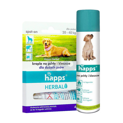 HAPPS Herbal - krople na pchły i kleszcze dla dużych psów 20-40kg + HAPPS -Aerozol na pchły i kleszcze 250ml