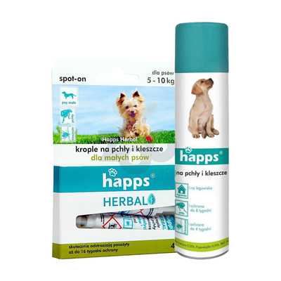 HAPPS Herbal - krople na pchły i kleszcze dla małych psów 5-10kg + HAPPS -Aerozol na pchły i kleszcze 250ml