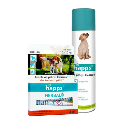 HAPPS Herbal - krople na pchły i kleszcze dla średnich psów 10-20kg + HAPPS -Aerozol na pchły i kleszcze 250ml
