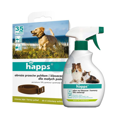 HAPPS - obroża przeciw pchłom i kleszczom dla małych psów 35cm + HAPPS płyn na kleszcze i komary dla zwierząt 200ml