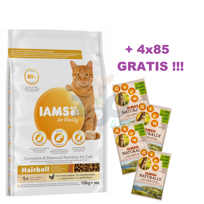 IAMS-Sucha karma for Vitality Hairball dla dorosłych i starszych kotów, z kurczakiem 10kg + 4x85g GRATIS !!! 
