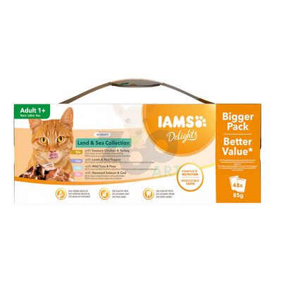 IAMS-karma w saszetkach Delights dla dorosłych kotów – z wyborem karm mięsnych i rybnych w sosie 48x85g