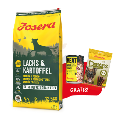 JOSERA Lachs & Kartoffel -Grain Free 12,5kg + Denties 180g & Meatlovers 400g GRATIS!!