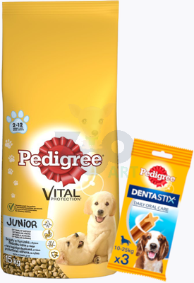 PEDIGREE Junior 15kg (średnie rasy) - sucha karma dla psów z kurczakiem i ryżem + DentaStix