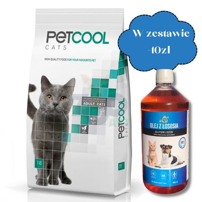 PETCOOL Cat 18kg + Olej z łososia dla psów i kotów 1000ml
