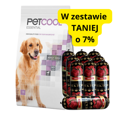 PETCOOL Essential dla dorosłych psów 18kg + Hektor z wołowiną 10x900g