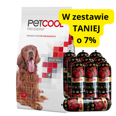 PETCOOL Pro Energy dla dorosłych psów 18kg + Hektor z wołowiną 10x900g