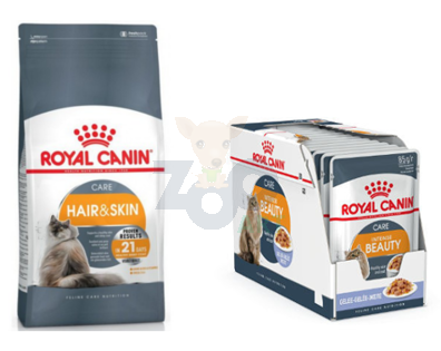 ROYAL CANIN Hair&Skin Care 10kg karma sucha dla kotów dorosłych, lśniąca sierść i zdrowa skóra + saszetka Intense Beauty (galaretka) 12x85g