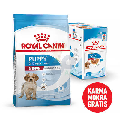 ROYAL CANIN Medium Puppy 15kg karma sucha dla szczeniąt, od 2 do 12 miesiąca, ras średnich+Karma mokra GRATIS!