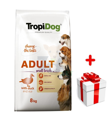 TROPIDOG Premium Adult Small Breeds z kaczką i ryżem 8kg + niespodzianka dla psa GRATIS!