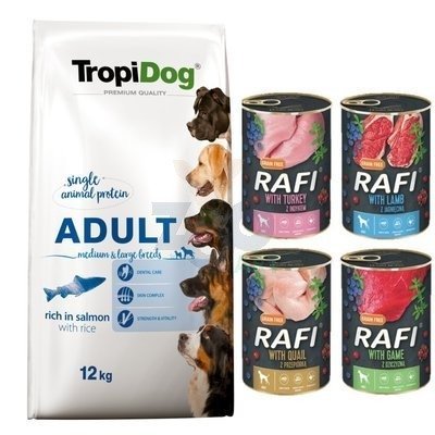 TROPIDOG Premium Adult medium & large breeds bogaty w łososia i ryż 12kg + Rafi puszka 4x400g