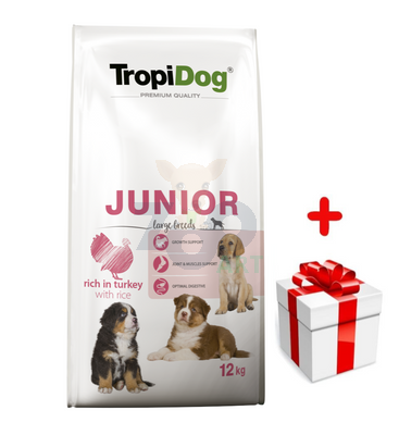 TROPIDOG Premium Junior L bogaty w indyka i ryż 12kg + niespodzianka dla psa GRATIS!