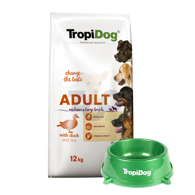 TROPIDOG Premium adult medium & large breed kaczka z ryżem 12kg + Miska mała GRATIS!!