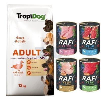TROPIDOG Premium adult medium & large breed kaczka z ryżem 12kg + Rafi puszka 4x400g