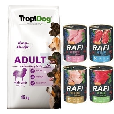 TROPIDOG premium adult medium & large breed jagnięcina z ryżem 12kg + Rafi puszka 4x400g