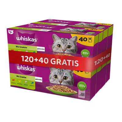 WHISKAS Adult saszetki 160x85g Mix Smaków - mokra karma dla dorosłego kota, w galaretce (kawałki z: wołowiną, kurczakiem, łososiem, tuńczykiem) (120+40 GRATIS!!)