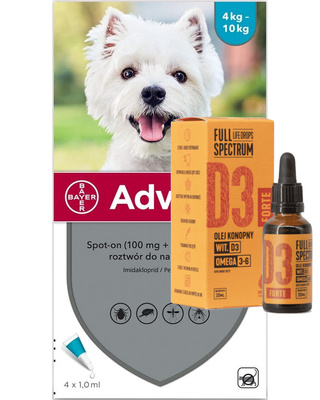 Advantix - dla psów 4-10kg (4 pipety x 1ml) + olej konopny - witamina D3 Forte 30ml (dla ludzi)