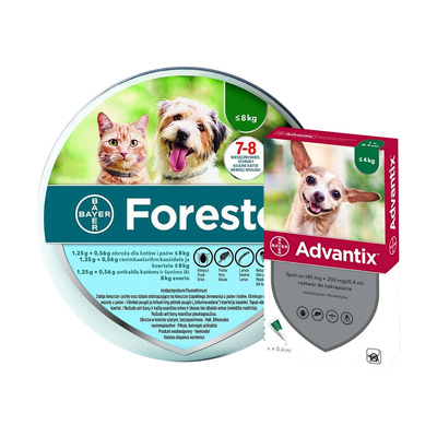 BAYER Foresto Obroża dla kotów i psów poniżej 8kg + Advantix - dla psów do 4kg (4 pipety x 0,4ml)