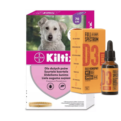 BAYER Kiltix Obroża dla psów dużych dł, 70cm + olej konopny - witamina D3 Forte 30ml (dla ludzi)