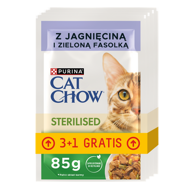 CAT CHOW Sterilised Karma dla kotów z jagnięciną i zieloną fasolką w sosie 4x85g (3+1 GRATIS)