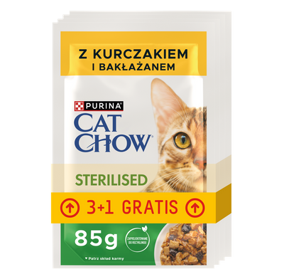 CAT CHOW Sterilised Karma dla kotów z kurczakiem i bakłażanem w sosie 4x85g (3+1 GRATIS)