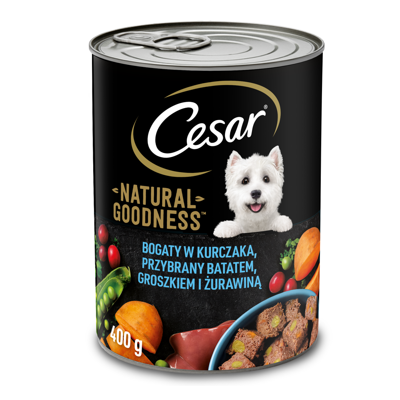 CESAR puszka 400g - mokra karma pełnoporcjowa dla dorosłych psów bogata w kurczaka, przybrana batatem, groszkiem i żurawiną