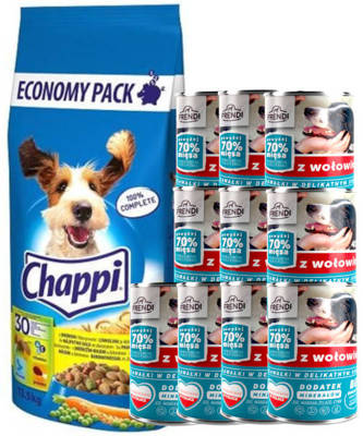 CHAPPI 13,5kg - sucha karma dla psów z drobiem i warzywami + Frendi kawałki  z wołowiną 10x400g