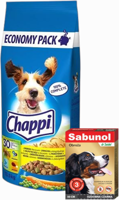 CHAPPI 13,5kg - sucha karma dla psów z drobiem i warzywami + Sabunol - ozdobna czarna obroża przeciw pchłom i kleszczom dla psa 50 cm