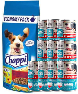 CHAPPI 13,5kg - sucha karma dla psów z wołowiną, drobiem i warzywami + Frendi kawałki  z wołowiną 10x400g