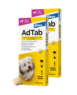 ELANCO 2xAdTab 112mg tabletka na pchły i kleszcze dla psów >2,5-5,5 kg