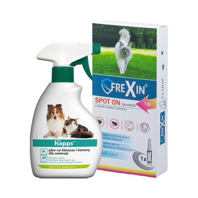 FREXIN Krople przeciw ektopasożytom dla kota 1 ml + HAPPS płyn na kleszcze i komary dla zwierząt 200ml