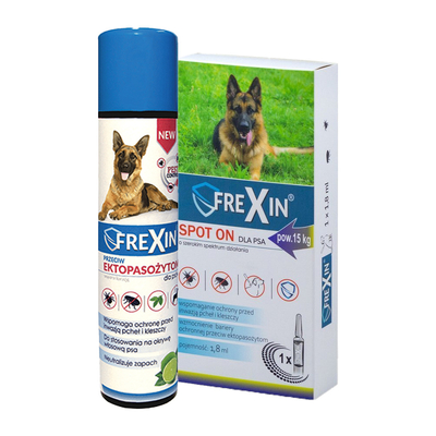 FREXIN Krople przeciw ektopasożytom dla psa powyżej 15 kg 1,8 ml + FREXIN Aerozol przeciw ektopasożytom 300 ml