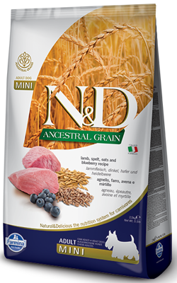 Farmina N&D Ancestral Grain canine LAMB & BLUEBERRY ADULT MINI 7kg\ Opakowanie uszkodzone (2057) !!! 