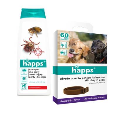 HAPPS - obroża przeciw pchłom i kleszczom dla dużych psów 60cm + Szampon dla psów zwalczający pchły i kleszcze 250ml