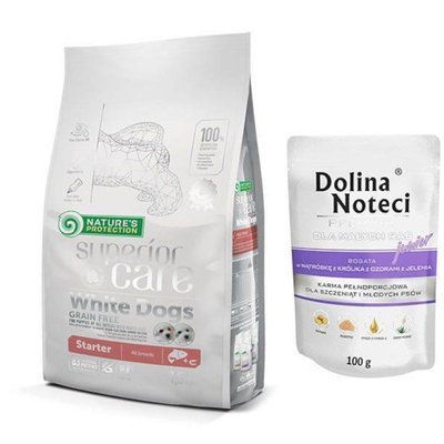 NATURES PROTECTION  Superior Care  White Dogs Grain Free Salmon Starter All Breeds 1,5kg + Dolina Noteci JUNIOR 100g