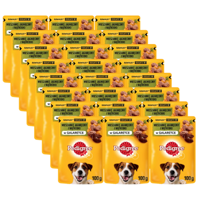 PEDIGREE Adult saszetka 24x100 g - mokra karma pełnoporcjowa, kawałki bogate w mieszankę jagnięciny i wątróbki w galaretce dla dorosłych psów