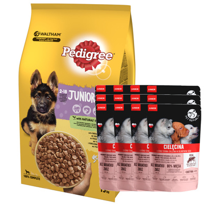 PEDIGREE Junior 15kg (duże rasy) - sucha karma dla psów z kurczakiem i ryżem + PetRepublic JUNIOR 12x100g