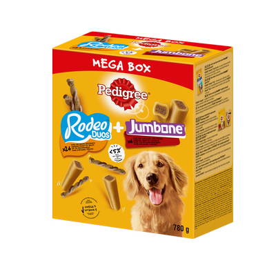 PEDIGREE® Mega Box Rodeo™ i Jumbone™ – przysmak dla dorosłych psów (z kurczakiem, o smaku bekonu oraz o smaku wołowiny i drobiu) – 780g