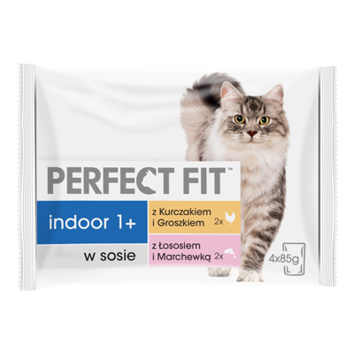 PERFECT FIT Indoor saszetka 4x85g - mokra karma dla kota w sosie (z kurczakiem i groszkiem, z łososiem i marchewką)