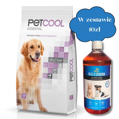 PETCOOL Essential dla dorosłych psów 18kg + Olej z łososia dla psów i kotów 1000ml