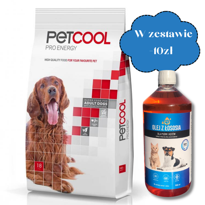 PETCOOL Pro Energy dla dorosłych psów 18kg + Olej z łososia dla psów i kotów 1000ml