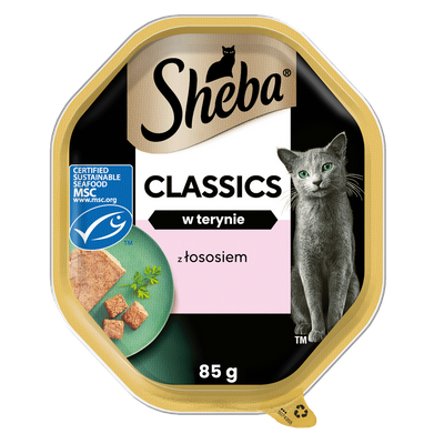 SHEBA Classics tacka 85 g – mokra karma pełnoporcjowa dla dorosłych kotów, z łososiem, w terynie