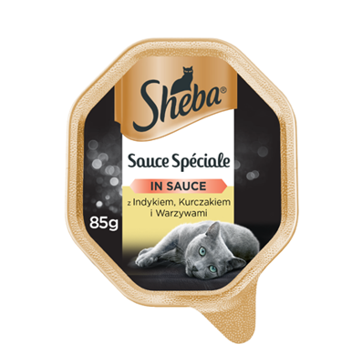 SHEBA® tacka Sauce Speciale 85g – mokra karma pełnoporcjowa dla dorosłych kotów, z indykiem, kurczakiem i warzywami w sosie
