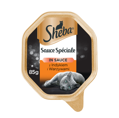 SHEBA® tacka Sauce Speciale 85g z - mokra karma pełnoporcjowa dla dorosłych kotów, z Indykiem i Warzywami w sosie