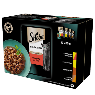 SHEBA saszetka 12x85g Selection in Sauce Soczyste Smaki - mokra karma dla kotów w sosie (z wołowiną, z jagnięciną, z kurczakiem, z indykiem)